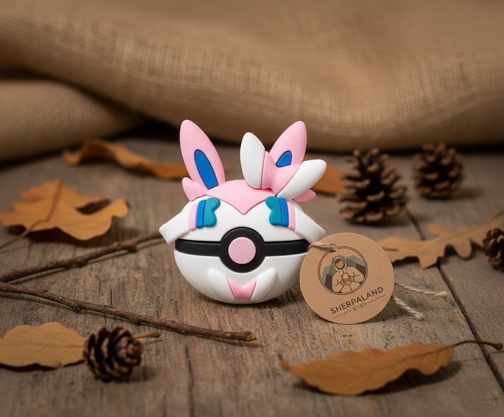 Coque AirPods Nymphali (Sylveon) – Étui Poké Ball Fée avec Rubans & Oreilles 3D